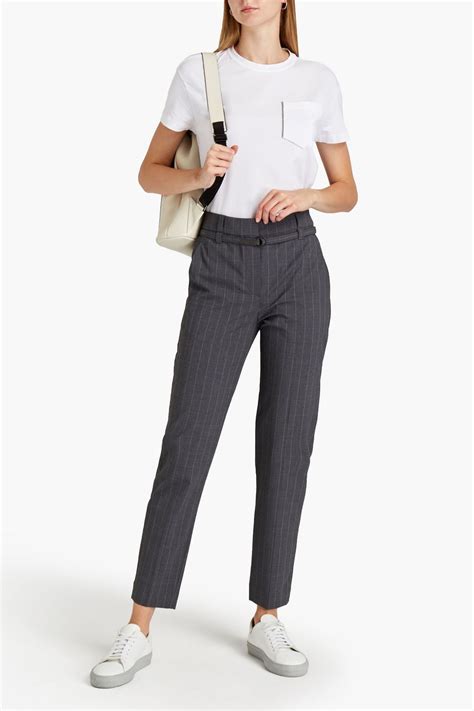 BRUNELLO CUCINELLI Bead Embellished Pinstriped Wool Blend Tapered Pants