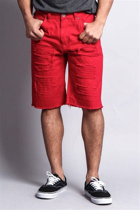 Distressed Colored Denim Shorts Mens Red Shorts Popular Jeans