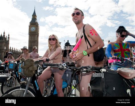 London Uk Naked Cyclists On Westminster Bridge As They Take