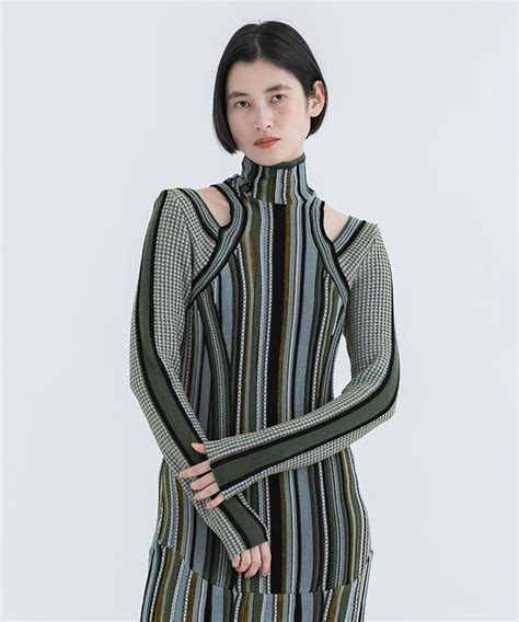 Stripe Jacquard High Neck Knitted Top Khaki Mame Kurogouchi Womens