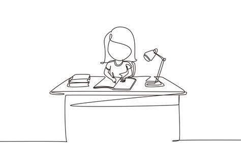 Continuous One Line Drawing Girl Studying On Table With Study Lamp And