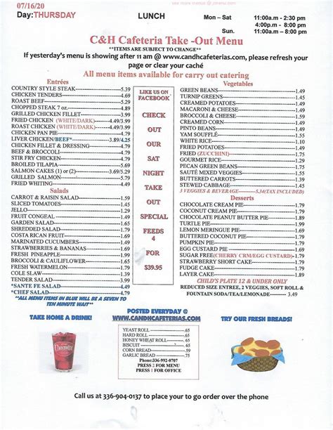 Online Menu of C&H Cafeteria Restaurant, Kernersville, North Carolina, 27284 - Zmenu