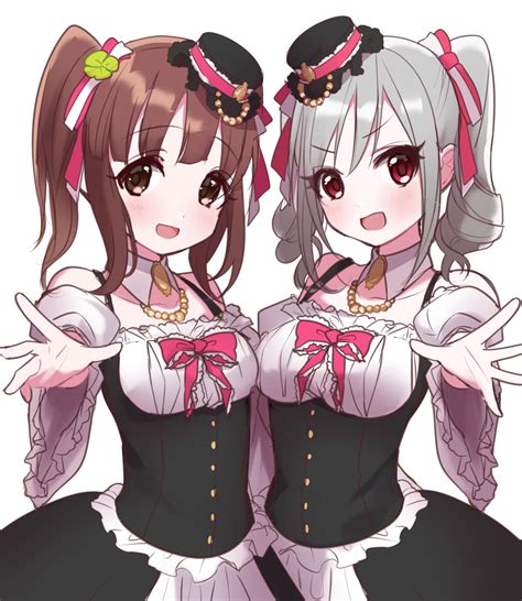 Safebooru 2girls Blush Brown Eyes Brown Hair Curly Hair Dress Female Grey Hair Happy Hat