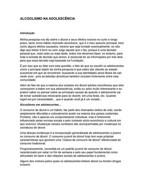 Alcoolismo Redação - Alcoolismo NA Adolescência - ALCOOLISMO NA ADOLESCÊNCIA Introdução ...
