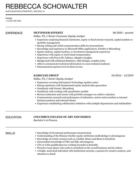 Equity Analyst Resume Samples Velvet Jobs