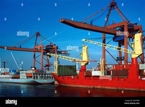 Container Port Container Ships Shipping Containers And Cranes In