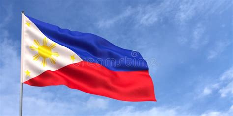 Philippines Flag On Flagpole On Blue Sky Background Philippine Flag