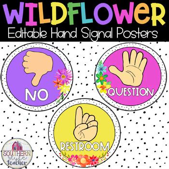 Wildflower Watercolor Class Decor Editable Hand Signal Posters Tpt