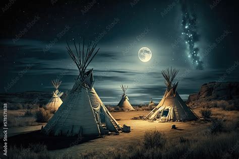 Native American Village With Traditional Native Indian Teepees During