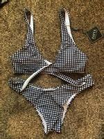 Front Tie Thong Plaid Bikini Set In White And Black Zaful