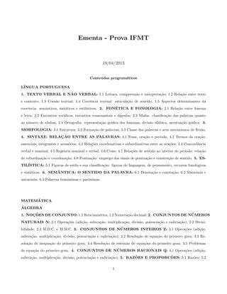 Ementa Portugu S Matem Tica Exame De Acesso Ifmt Pdf