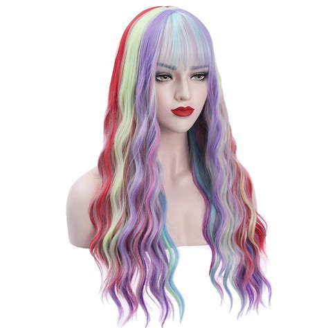 RightOn Rainbow Wig Long Curly Wavy Wig Rainbow Wig with Bangs Multi ...