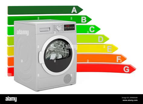 Clothes dryer with energy efficiency chart, 3D rendering isolated on white background Stock ...