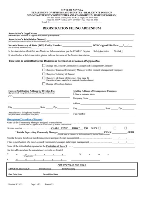 Fillable Form 623 Registration Filing Addendum Printable Pdf Download