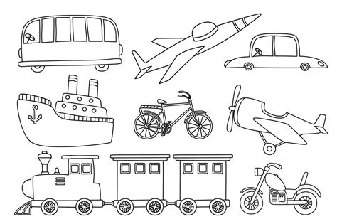 Black Line Doodle Set Of Cute Transportation Vector Art At