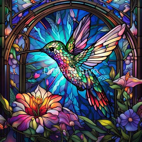 A Stained Glass Window With A Hummingbird And Flowers