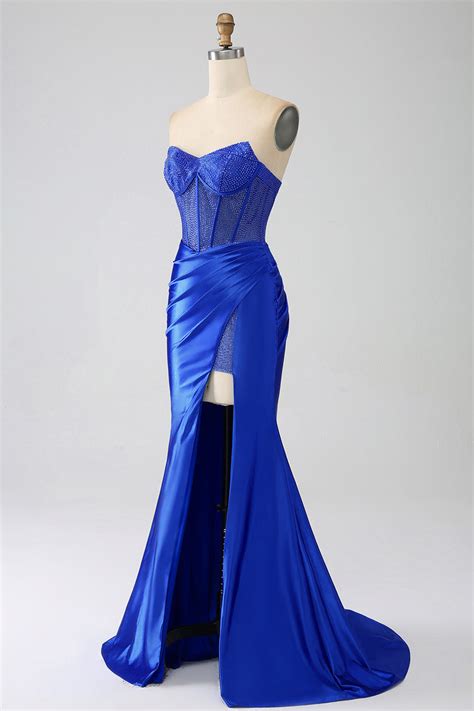 Zapaka Women Royal Blue Corset Prom Dress With Beading Mermaid Strapless Evening Dress With