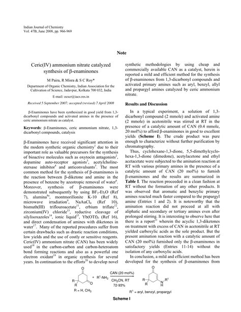 (PDF) Ceric(IV) ammonium nitrate catalyzed synthesis of β-enaminones