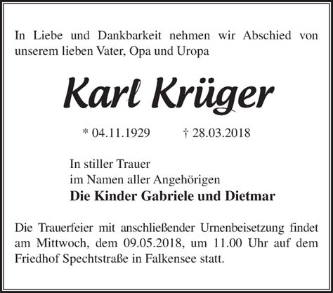 Traueranzeigen Von Karl Kr Ger M Rkische Onlinezeitung Trauerportal