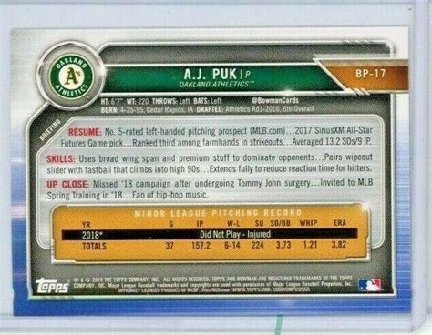 Bowman Prospects Bp A J Puk Rookie Rc Oakland Athletics