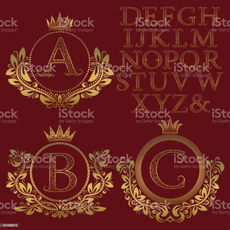 Vintage Monogram Kit Golden Patterned Letters And Floral Frames Stock