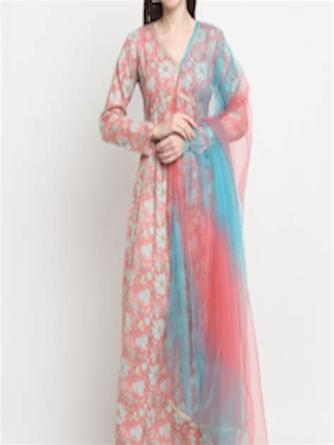 Buy Kalini Floral Printed Cotton A Line Maxi Ethnic Dress With Dyed Net