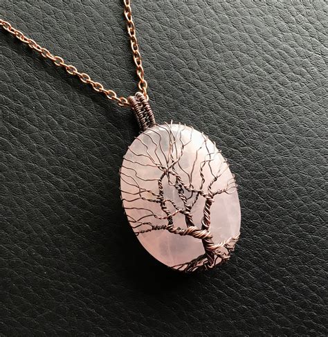 Tree Of Life Rose Quartz Wire Wrapped Pendant Worry Stone Etsy