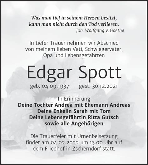 Traueranzeigen Von Edgar Spott Abschied Nehmen De