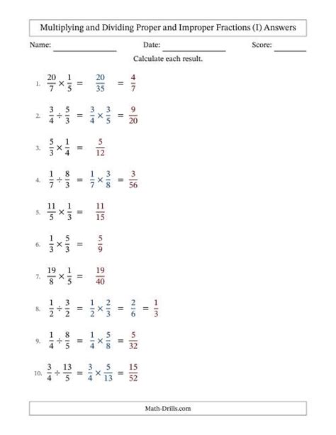 Multiplying And Dividing Proper And Improper Fractions With Some Simplifying Fillable I