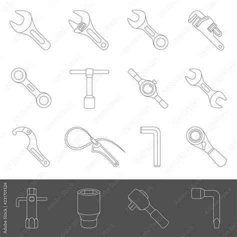 Line Icons Sixteen Different Types Of Wrenches Stock Vector Adobe Stock