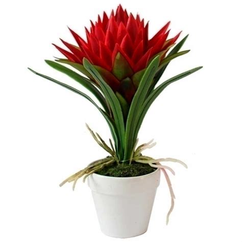 Planta Artificial Bromélia Vermelha Vaso de Cerâmica 32cm Bizoca