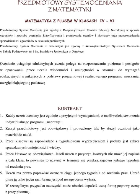 Przedmiotowy System Oceniania Z Matematyki Kontrakt Pdf Darmowe