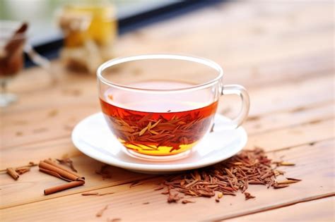 Premium Photo Rooibos Tea In Glass Cup With Dry Leaves On Saucer