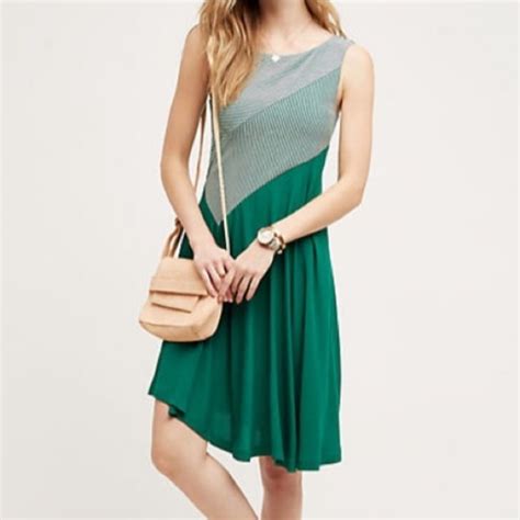 Anthropologie Maeve Green Stripe Asymetrical Dress Gem