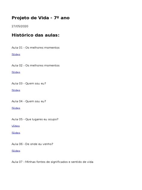 Projeto De Vida 7 Ano - Projeto de Vida - 7º Ano: Aulas e Conteúdos | PDF