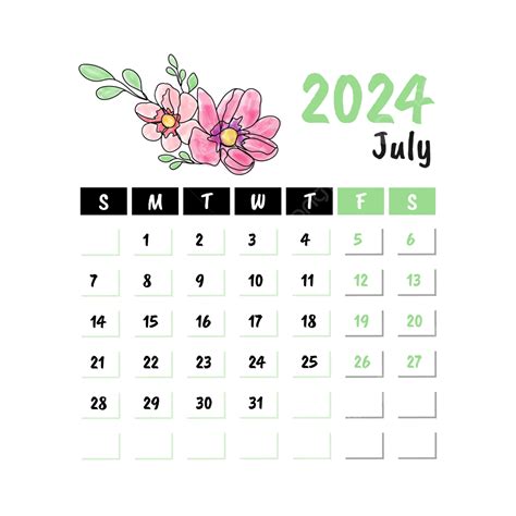 Calendario Mensual Floral Para Julio De Vector Png Dibujos