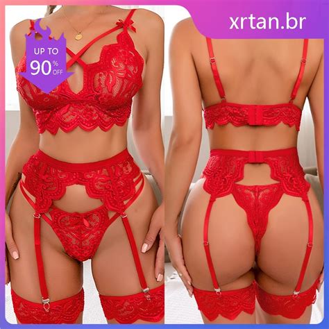 Conjunto Plus Size Lingerie Sexy Em Renda Cinta Liga Shopee Brasil