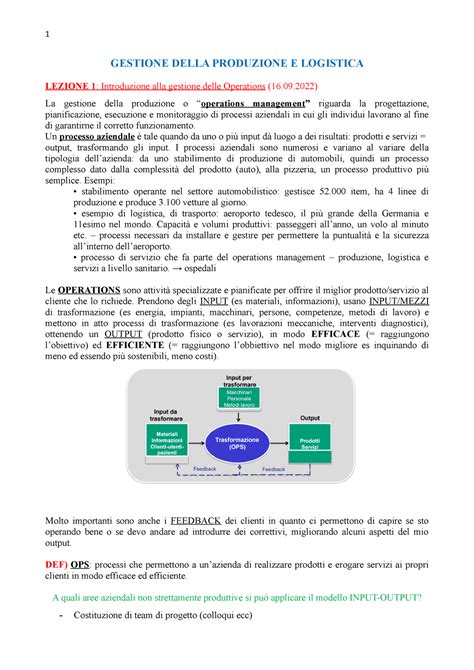 Appunti Gestione Della Produzione E Logistica Gestione Della