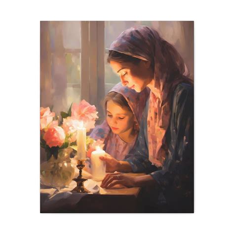 Canvas, Sabbath Embrace, Mother & Daughter Lighting Sabbath Candles