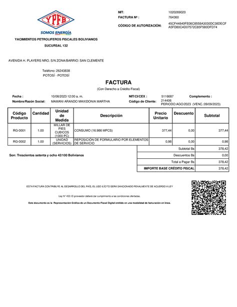 Factura 5116687 764360 Con Derecho a Crédito Fiscal YACIMIENTOS