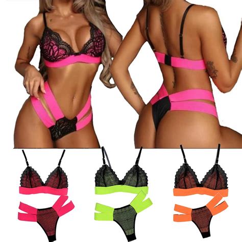 Conjunto Lingerie Sem Bojo Neon Tiras Strappy Em Renda Elastico