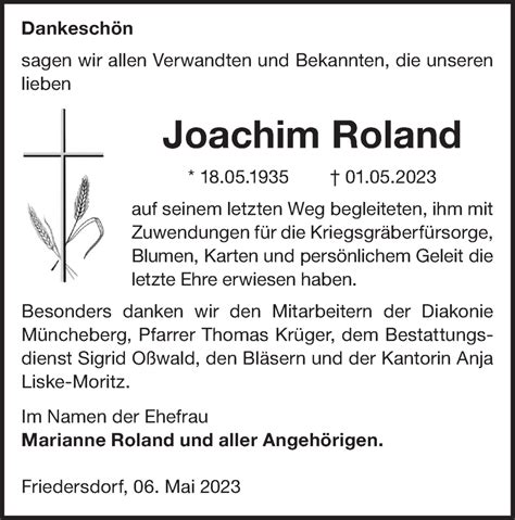 Traueranzeigen Von Joachim Roland M Rkische Onlinezeitung Trauerportal