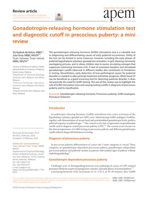 PDF Gonadotropin Releasing Hormone Stimulation Test And Diagnostic