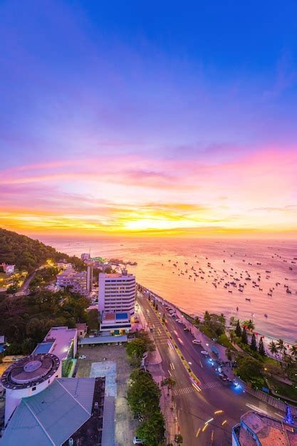 Premium Photo Vung Tau City Aerial View With Beautiful Sunset And So Many Boats Panoramic