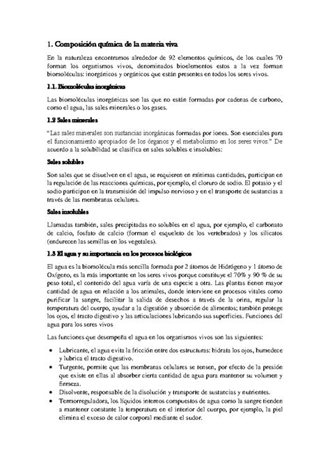 Composición Química De La Materia Viva 1 Composición Química De La Materia Viva En La