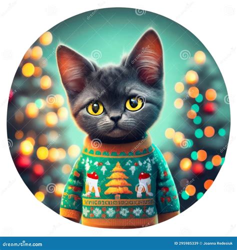 Black Kitten On The Background Of Christmas Trees Round Graphics Stock