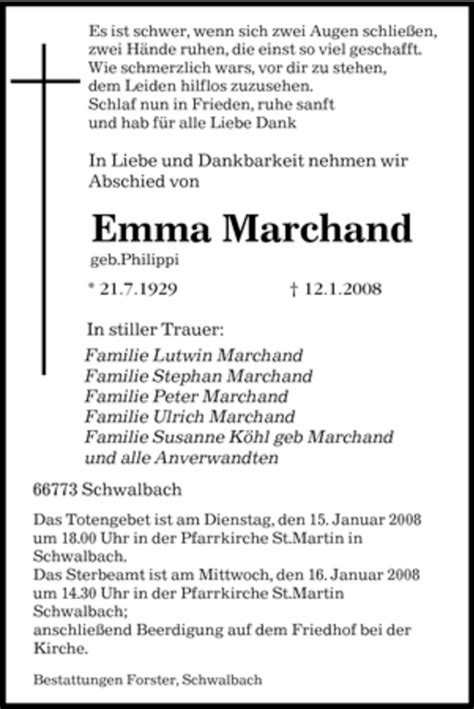 Traueranzeigen Von Emma Marchand Saarbruecker Zeitung Trauer De