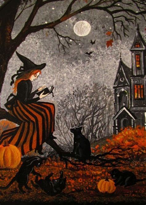 5x7 PRINT OF PAINTING RYTA HALLOWEEN WITCH BLACK CAT VINTAGE STYLE FOLK