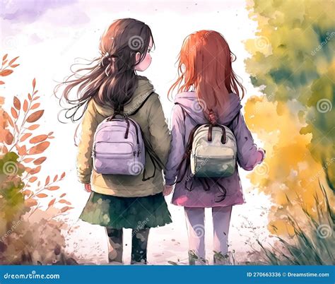 Anime School Girls, Back View, Going on a Autumn Walkway, Digital ...