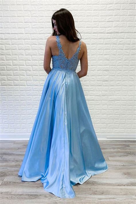 A Line V Neck Light Blue Lace Long Prom Dresses Light Blue Lace Forma